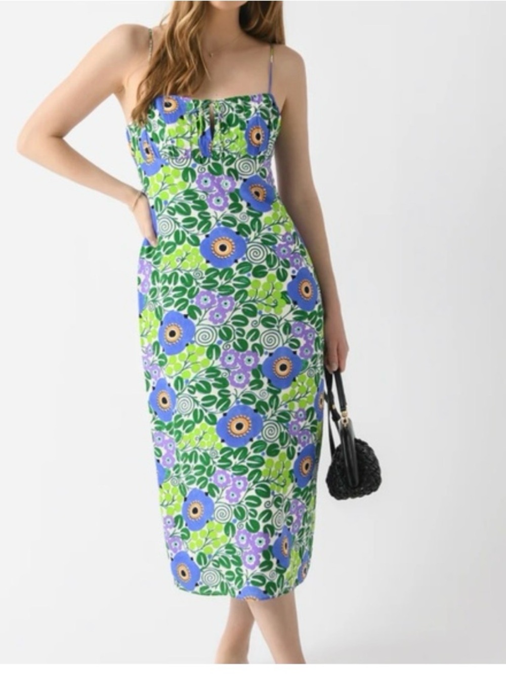 RHODE Green and Blue Floral Midi Dress with Spaghetti Straps